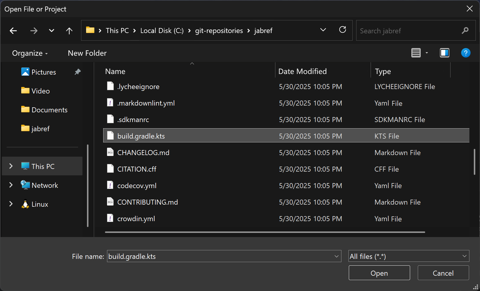 Open File or Project dialog