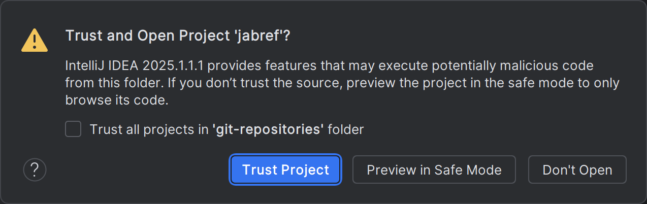 Trust and Open Project dialog