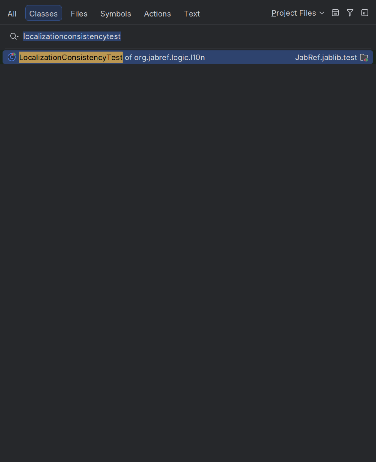 IntelliJ search for class "LocalizationConsistencyTest"
