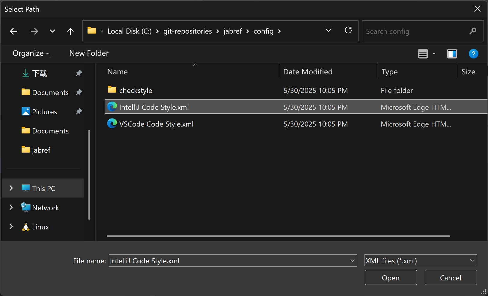 Browsing for config/IntelliJ Code Style.xml