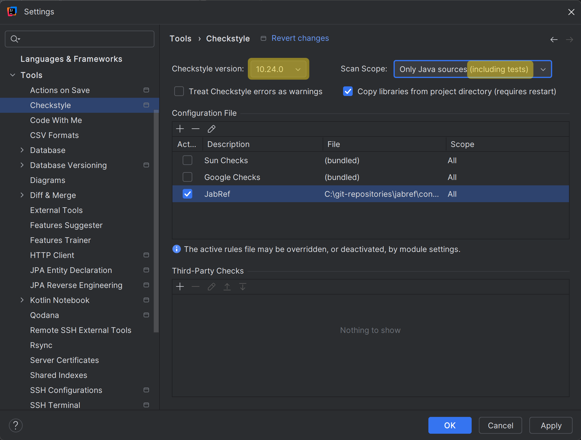 Checkstyle is the highest version - and tests are also scanned