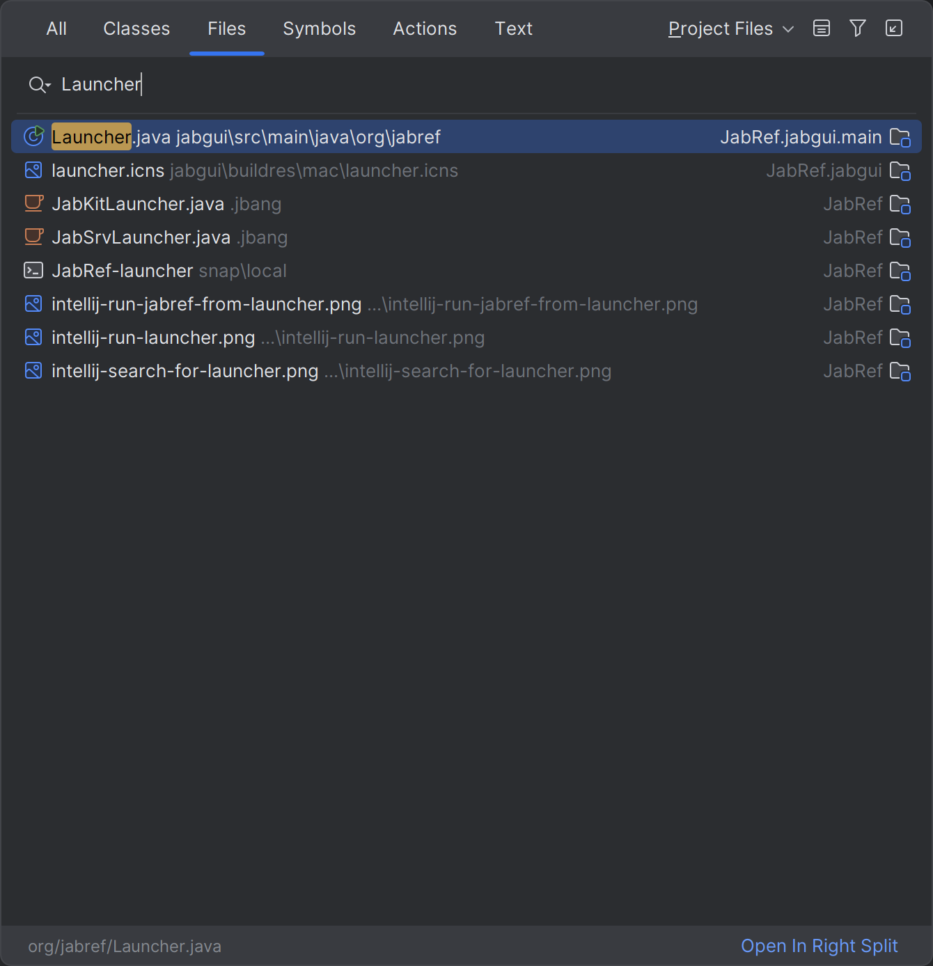 IntelliJ search for class “Launcher”