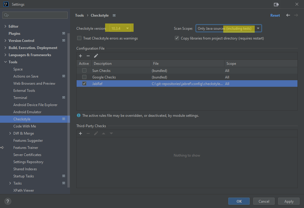 Checkstyle is the highest version - and tests are also scanned