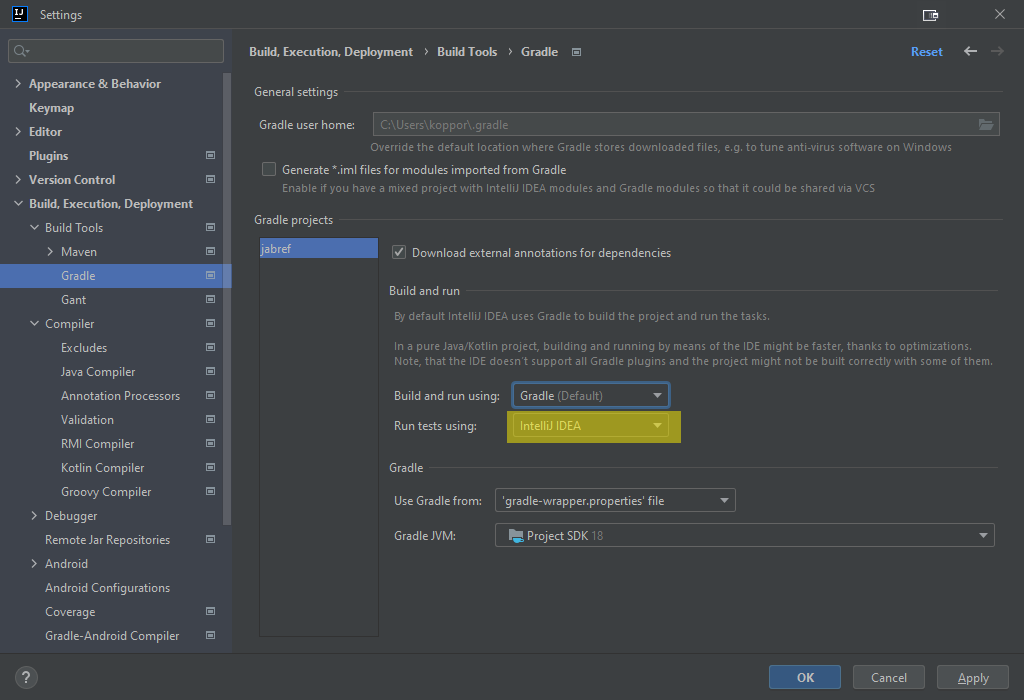 IntelliJ setting: Run tests using IntelliJ"