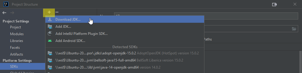 Plattform Settings - SDKs - plus button - Download JDK...