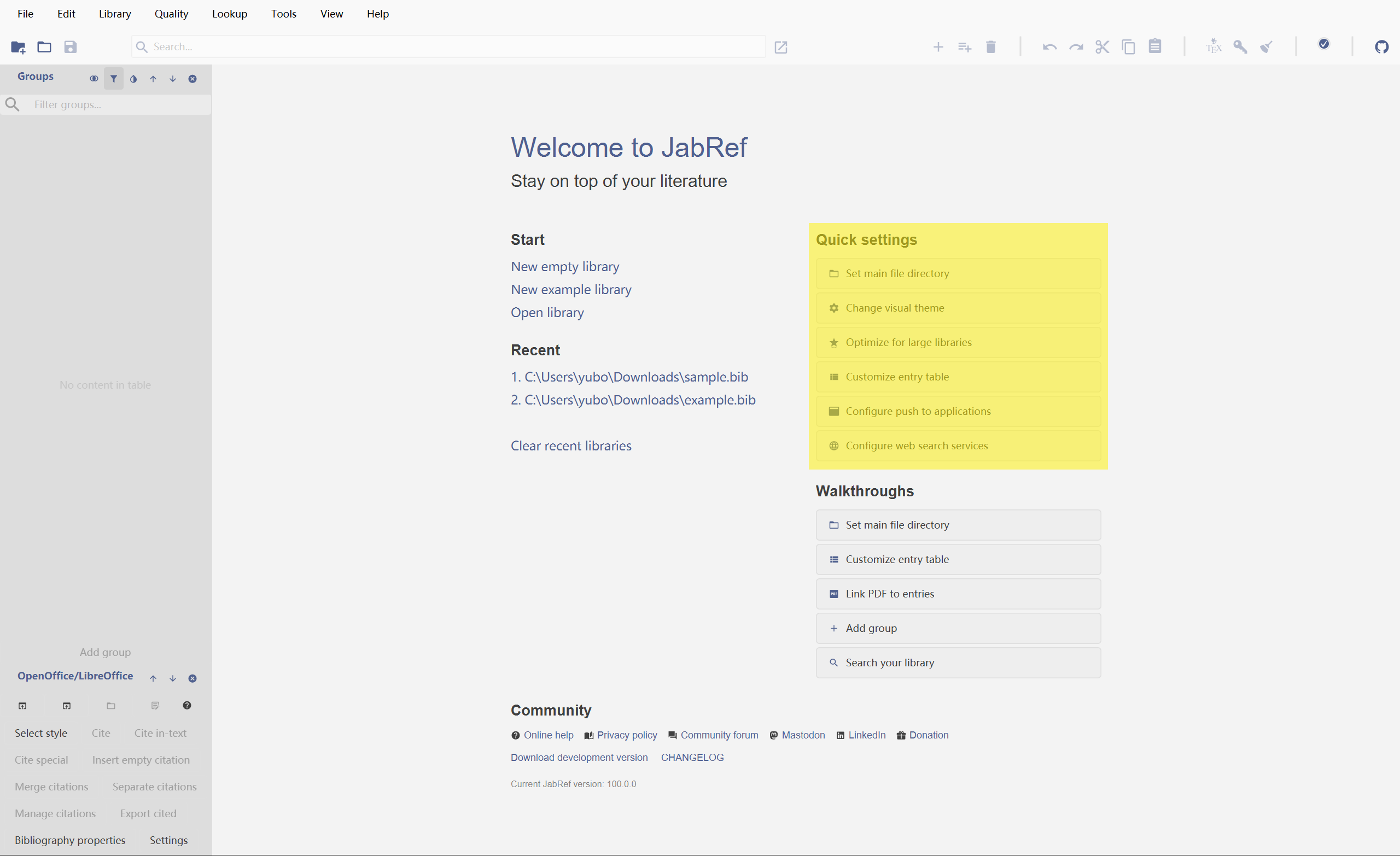 The 'Quick Settings' section of the Welcome Tab, showing options for main file directory, theme, online settings, etc