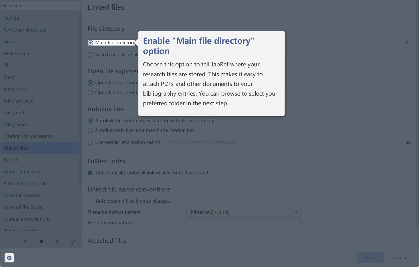 A tooltip pointing to "Use Main File Directory"