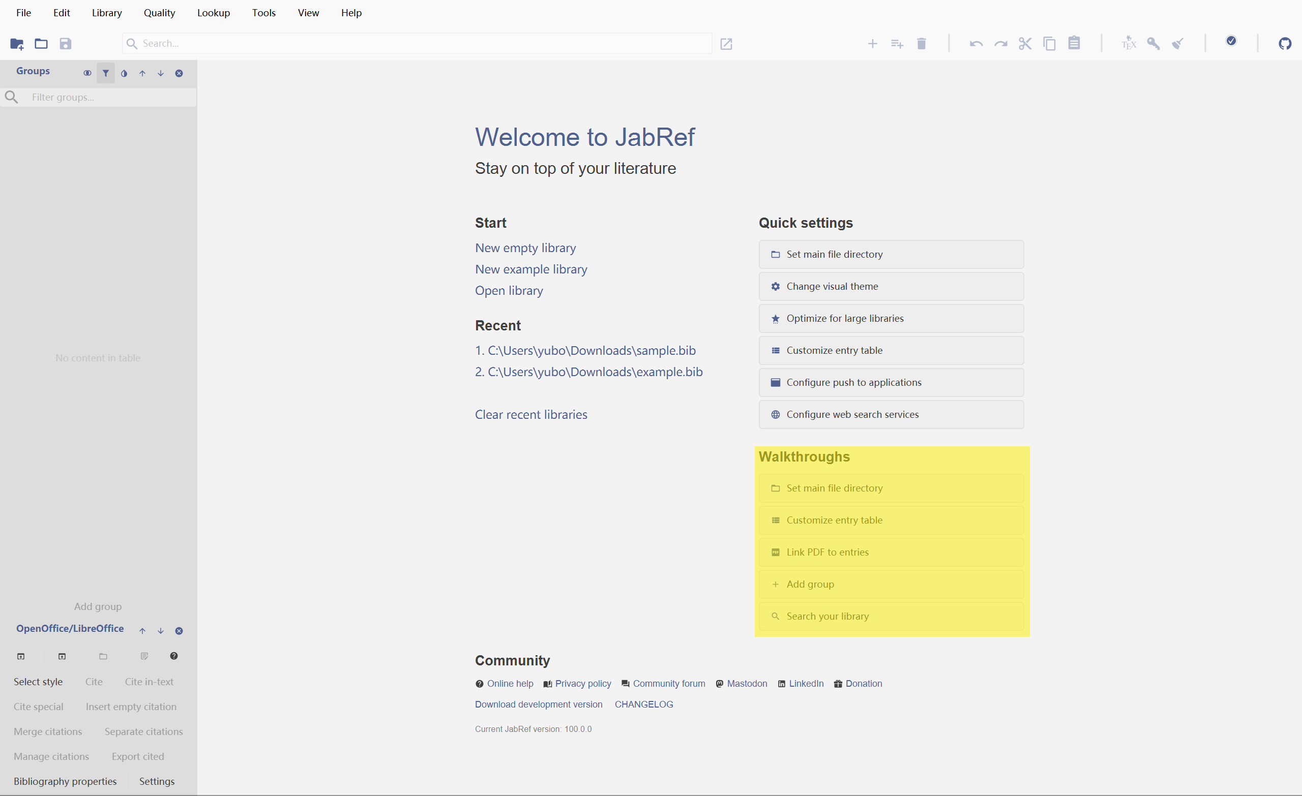 The "Walkthroughs" section of the Welcome Tab, showing a list of available walkthroughs